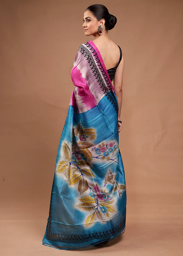 Pink Printed Silk Saree Without Blouse Piece - Image 3