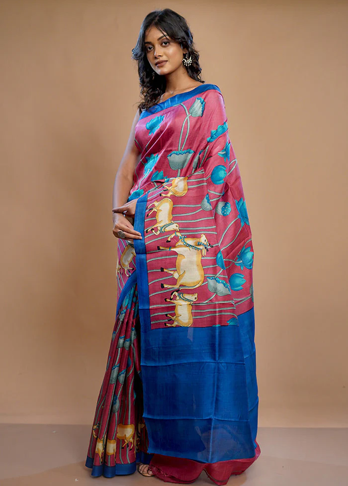 Pink Printed Pure Silk Saree Without Blouse Piece - Image 5