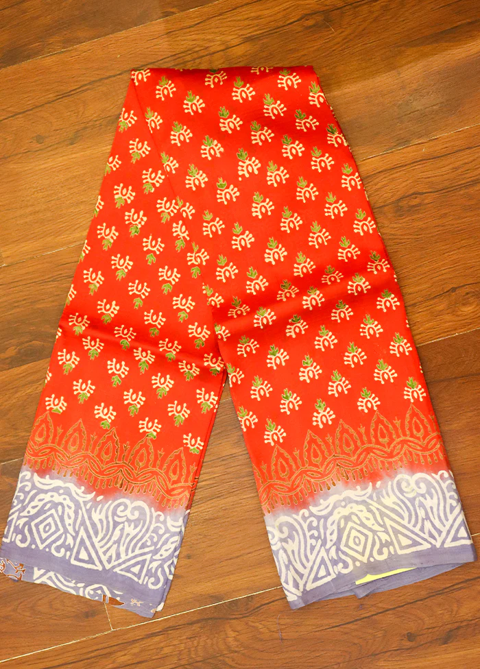 Orange Printed Pure Silk Saree Without Blouse Piece