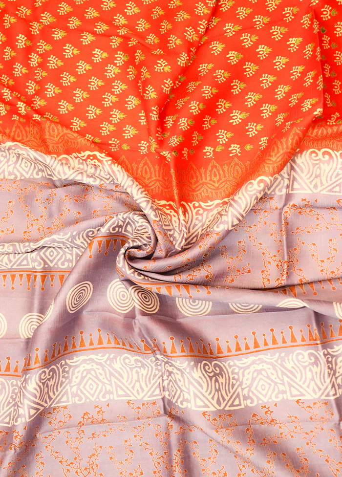 Orange Printed Pure Silk Saree Without Blouse Piece - Image 2