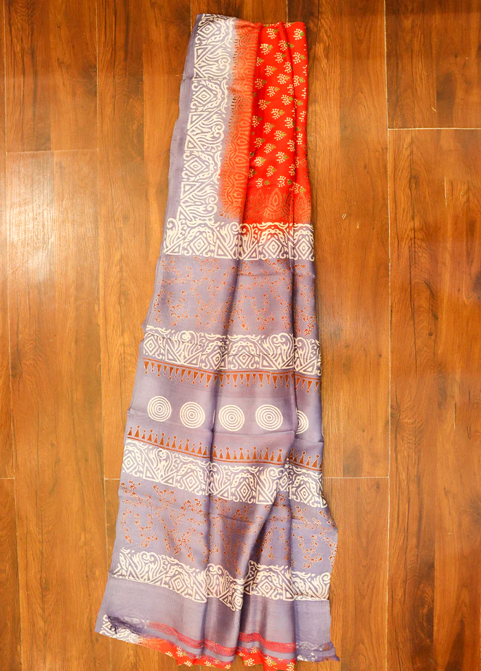 Orange Printed Pure Silk Saree Without Blouse Piece - Image 3