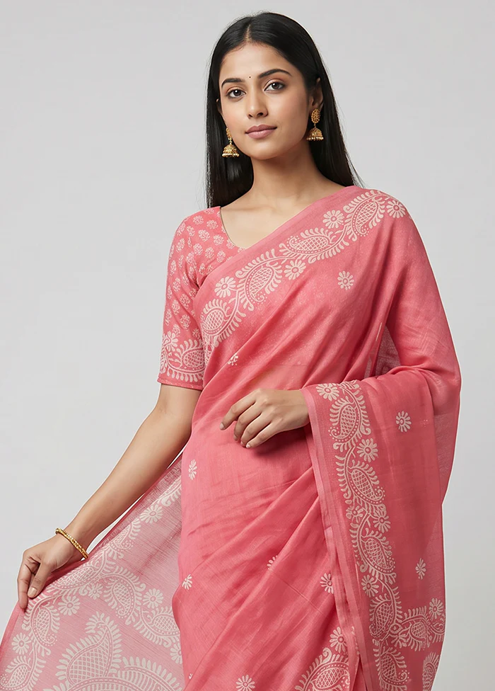Pink Printed Silk Saree Without Blouse Piece - Image 2