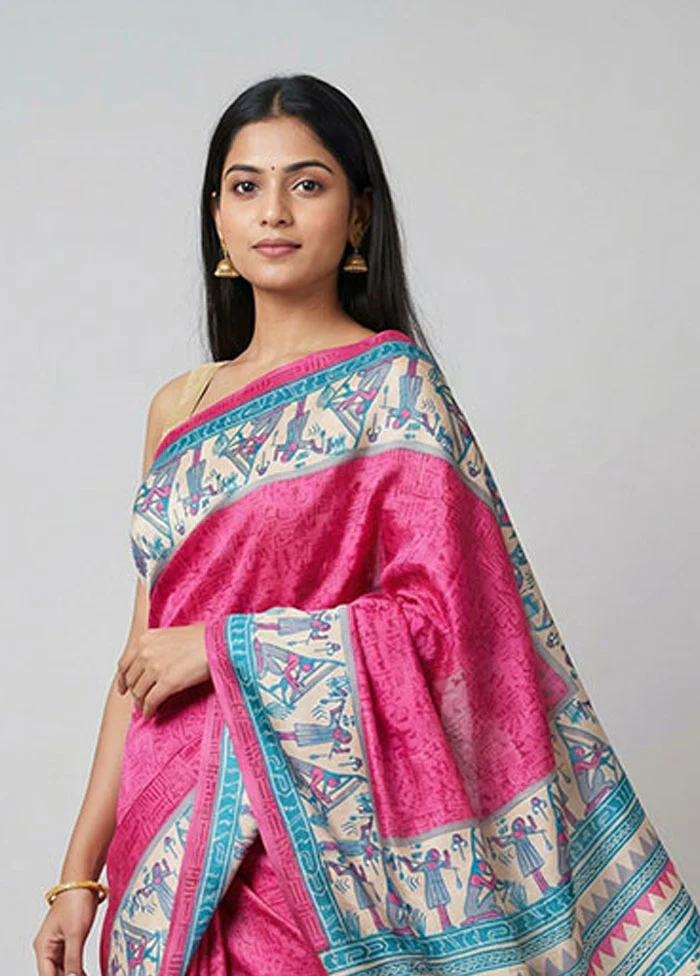 Pink Printed Silk Saree Without Blouse Piece - Image 2