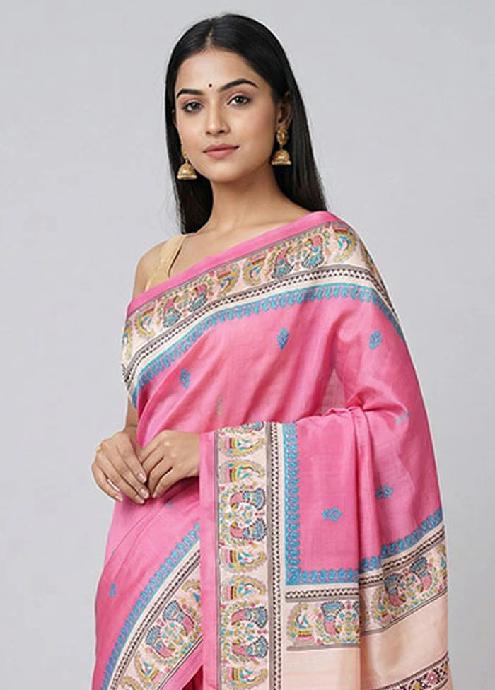 Pink Printed Silk Saree Without Blouse Piece - Image 2