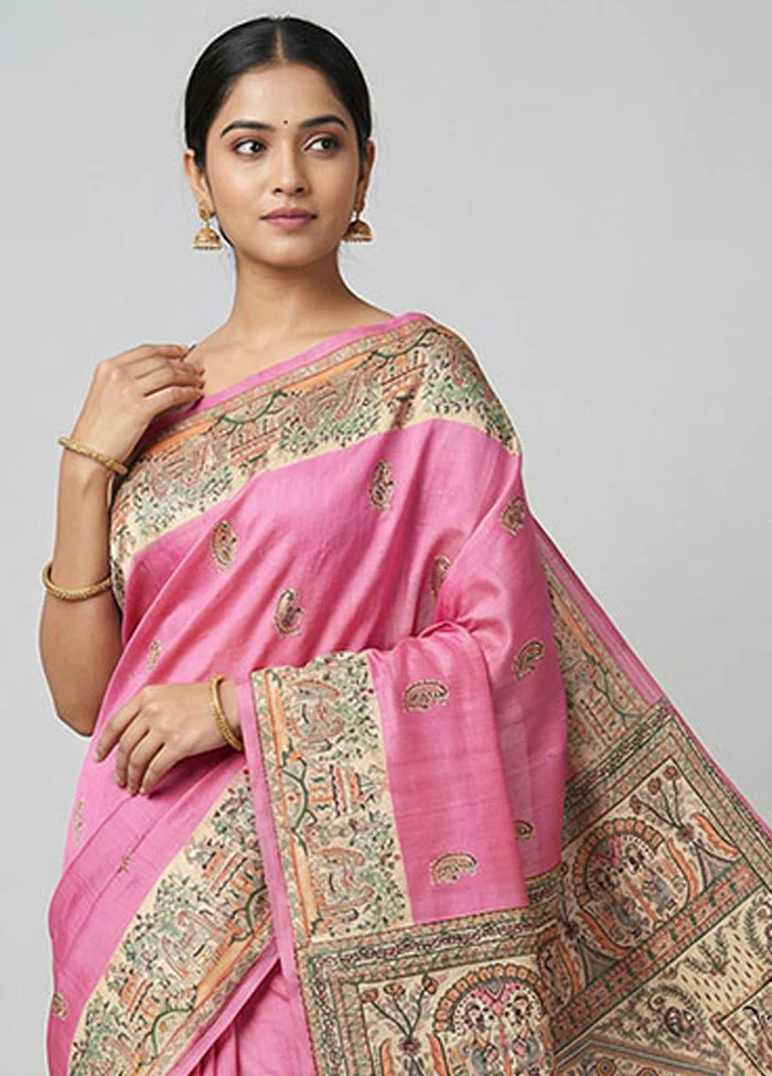 Pink Printed Silk Saree Without Blouse Piece - Image 2