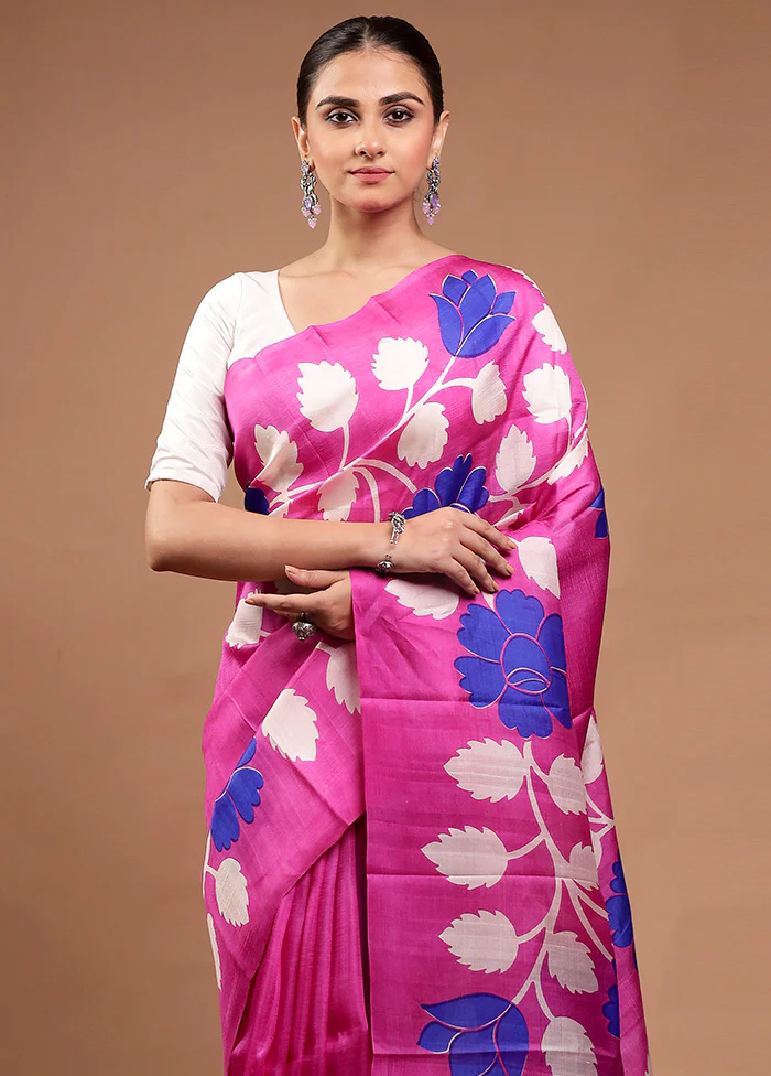 Pink Printed Pure Silk Saree Without Blouse Piece - Image 2