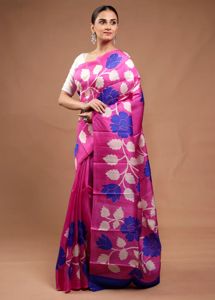 Pink Printed Pure Silk Saree Without Blouse Piece - Image 4