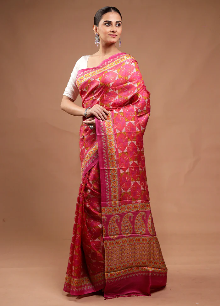 Pink Printed Silk Saree Without Blouse Piece - Image 4