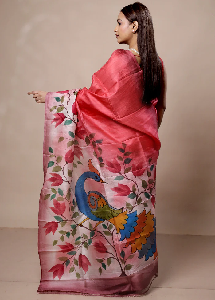 Pink Printed Pure Silk Saree Without Blouse Piece - Image 3