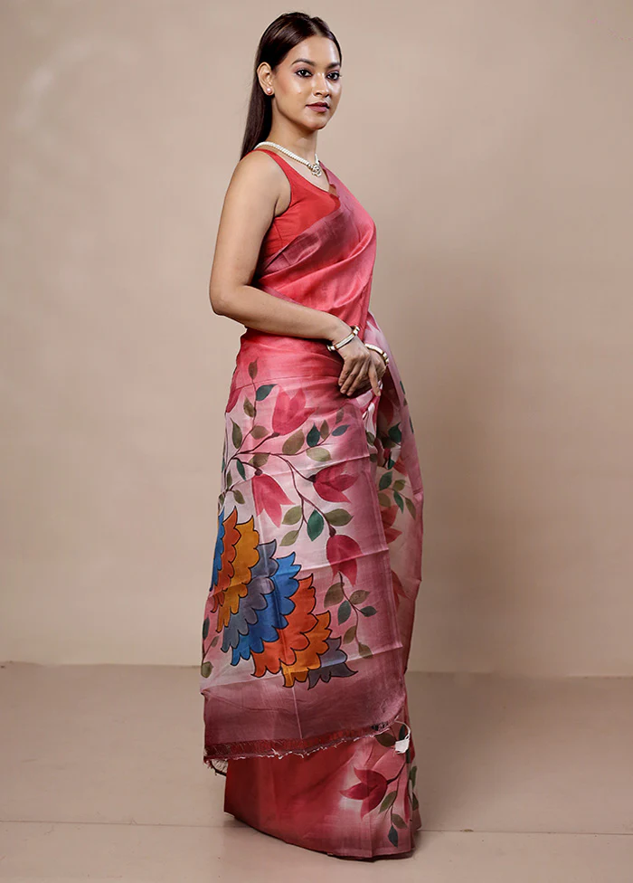 Pink Printed Pure Silk Saree Without Blouse Piece - Image 4