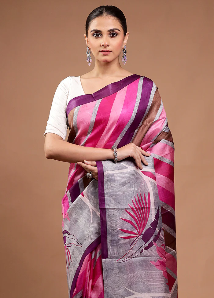 Pink Printed Silk Saree Without Blouse Piece - Image 2