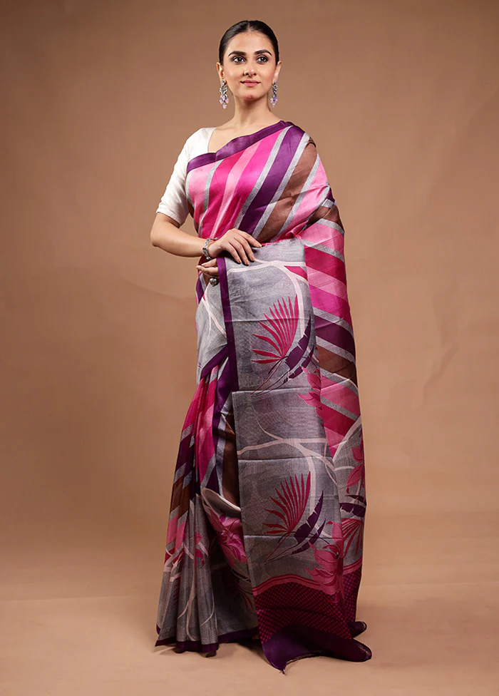 Pink Printed Silk Saree Without Blouse Piece - Image 4