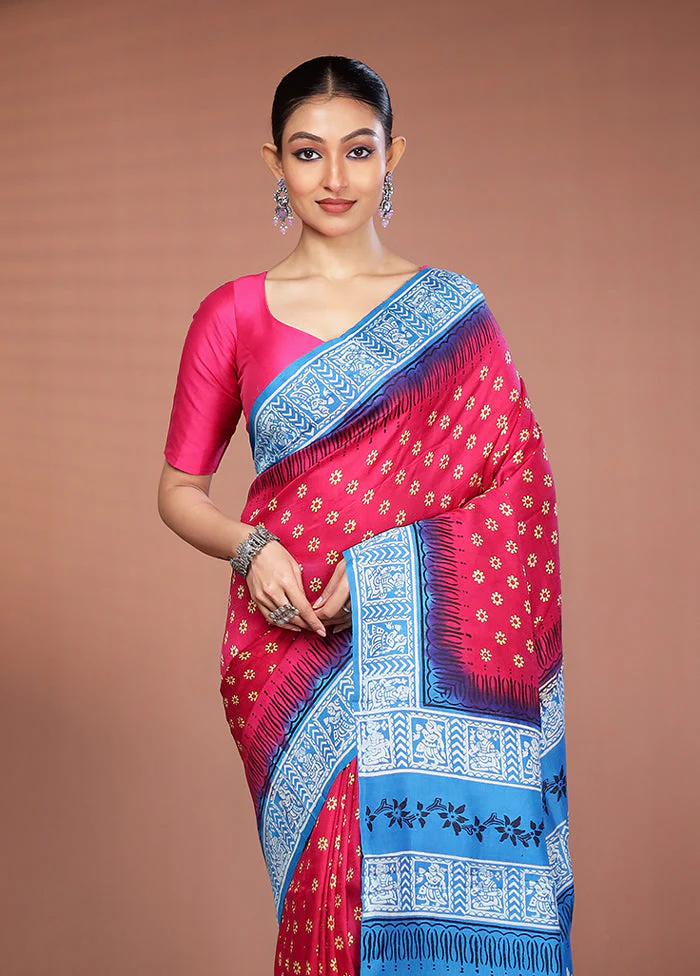 Pink Printed Silk Saree Without Blouse Piece