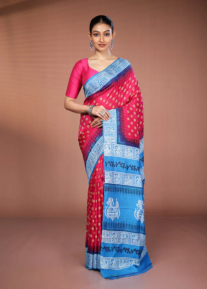 Pink Printed Silk Saree Without Blouse Piece - Image 2