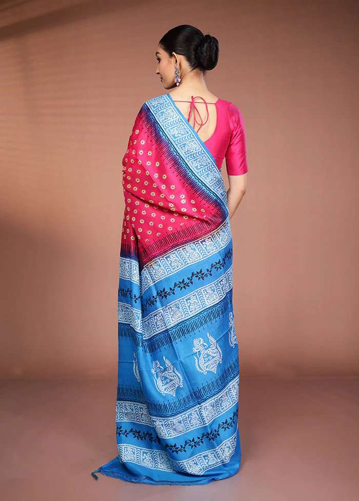 Pink Printed Silk Saree Without Blouse Piece - Image 3