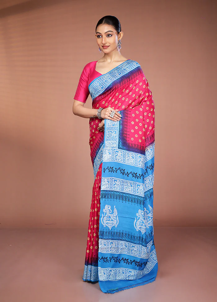 Pink Printed Silk Saree Without Blouse Piece - Image 4