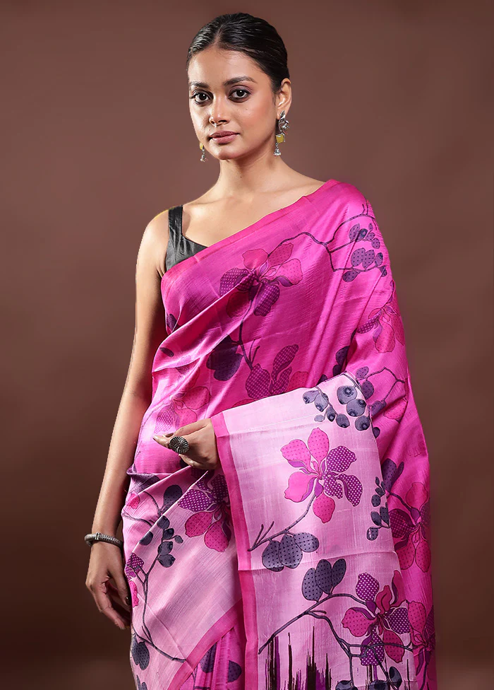 Pink Printed Pure Silk Saree Without Blouse Piece - Image 2