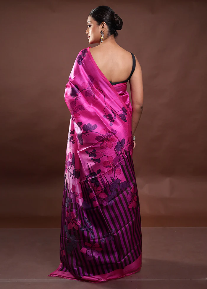 Pink Printed Pure Silk Saree Without Blouse Piece - Image 3