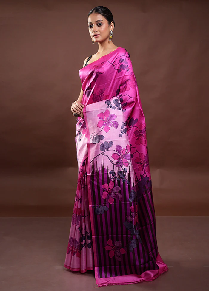 Pink Printed Pure Silk Saree Without Blouse Piece - Image 4