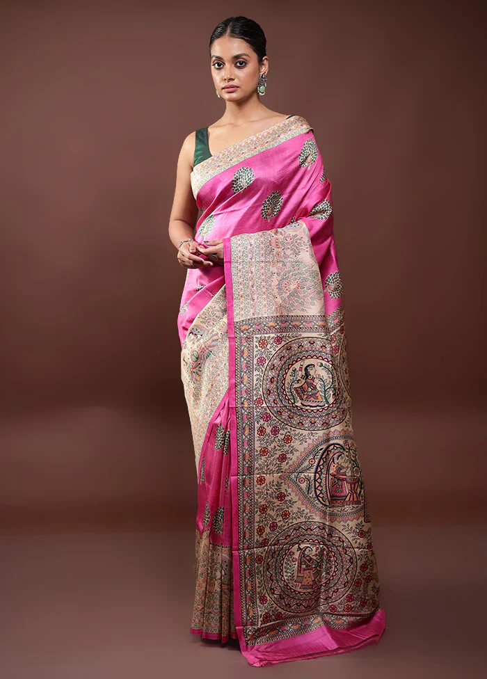 Pink Printed Silk Saree Without Blouse Piece