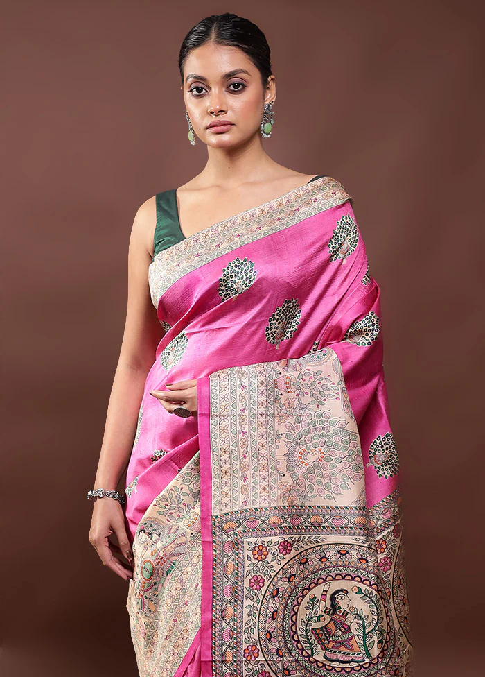 Pink Printed Silk Saree Without Blouse Piece - Image 2