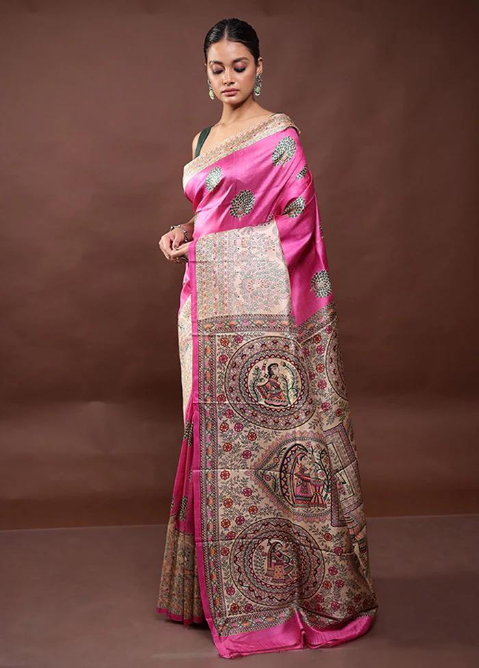 Pink Printed Silk Saree Without Blouse Piece - Image 4
