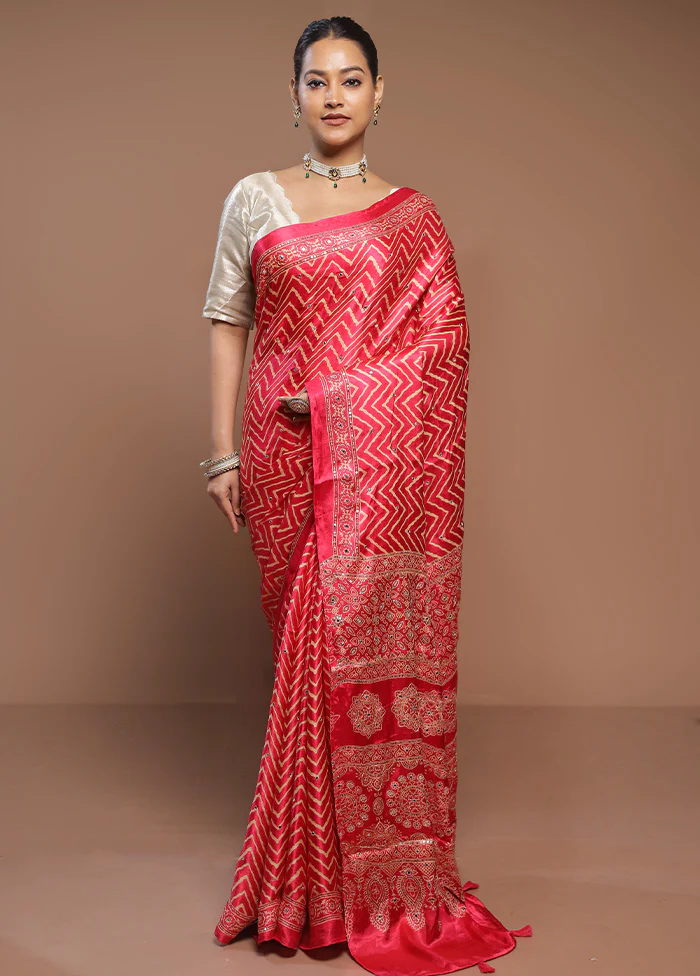 Pink Printed Pure Silk Saree Without Blouse Piece