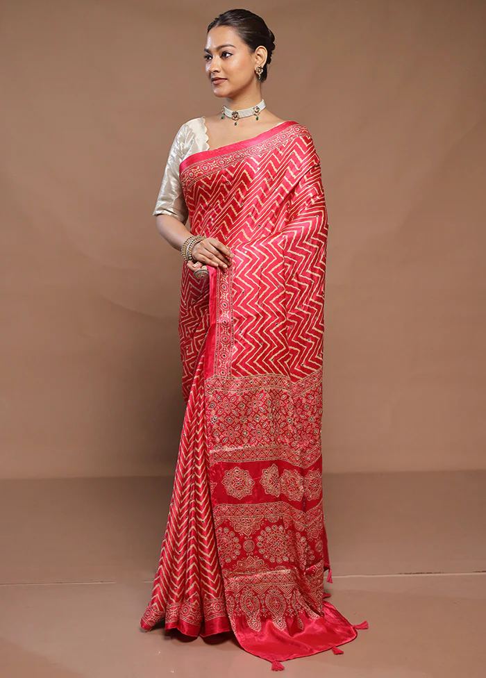 Pink Printed Pure Silk Saree Without Blouse Piece - Image 4