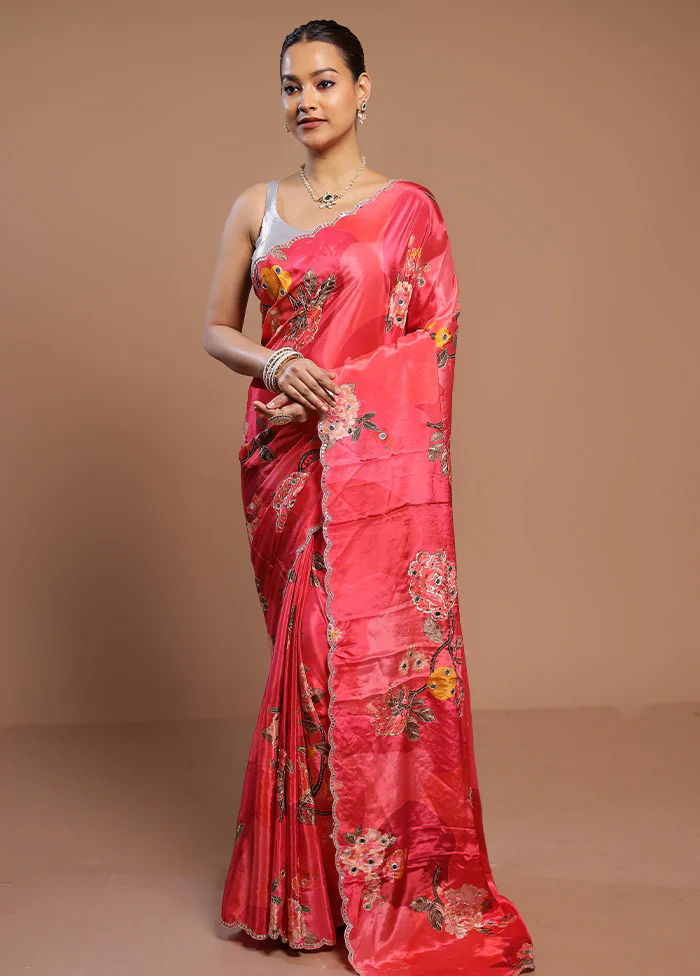 Pink Printed Pure Silk Saree Without Blouse Piece