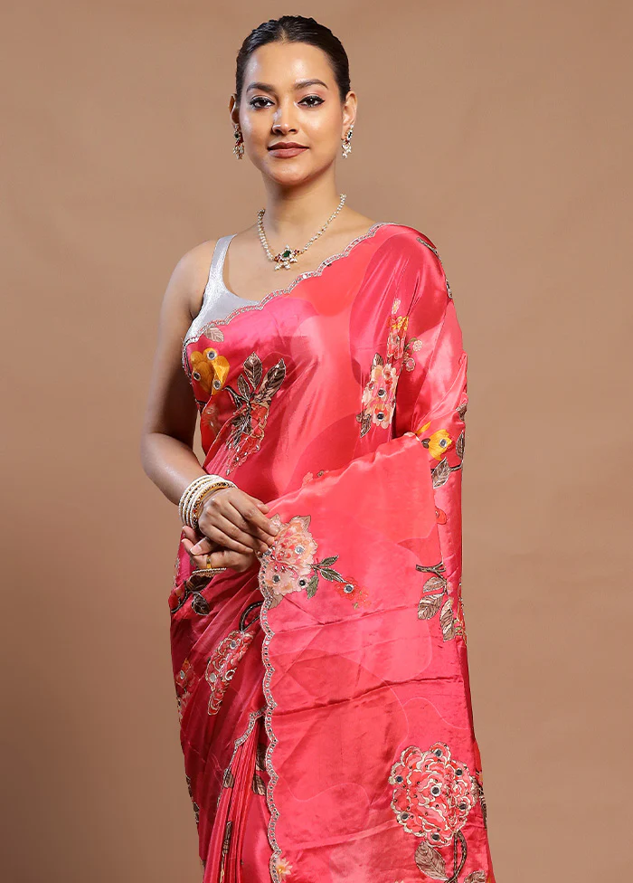 Pink Printed Pure Silk Saree Without Blouse Piece - Image 2