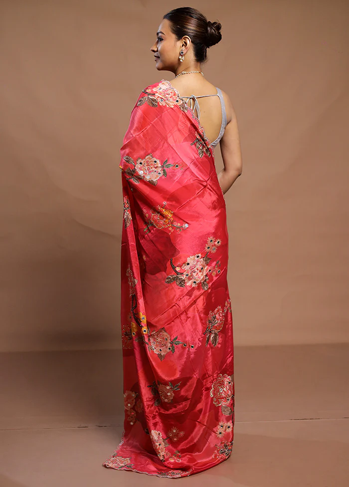 Pink Printed Pure Silk Saree Without Blouse Piece - Image 3