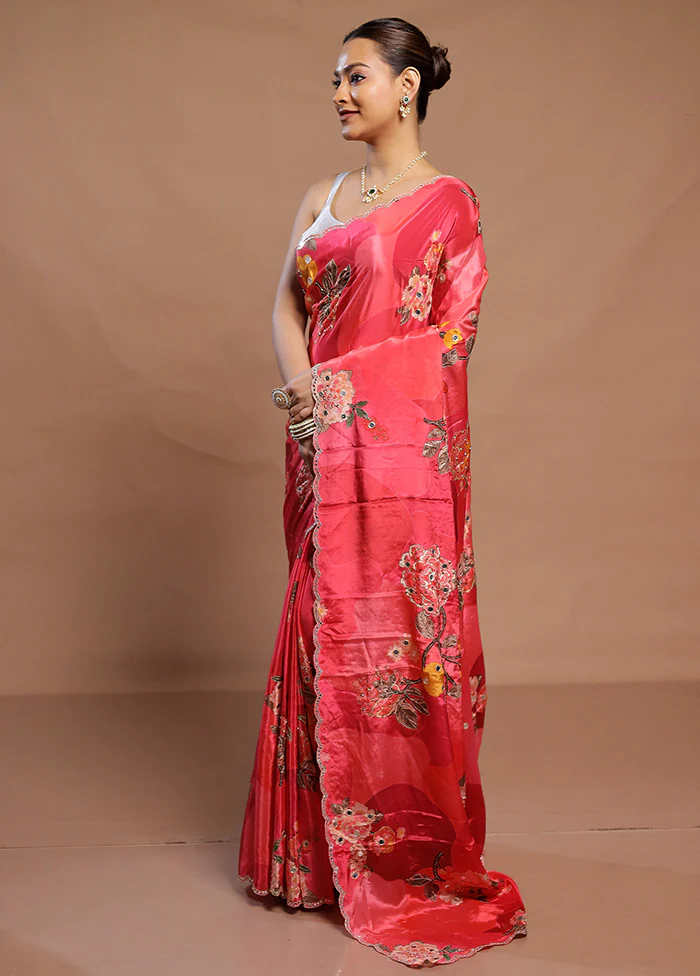 Pink Printed Pure Silk Saree Without Blouse Piece - Image 4