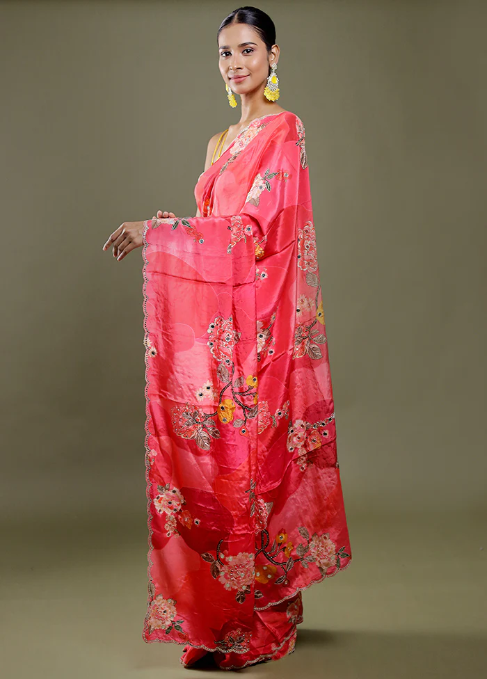 Pink Printed Pure Silk Saree Without Blouse Piece - Image 3