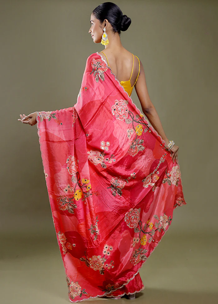 Pink Printed Pure Silk Saree Without Blouse Piece - Image 4