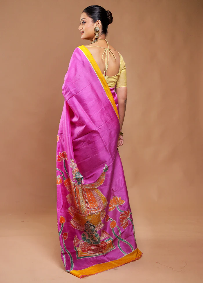 Pink Printed Pure Silk Saree Without Blouse Piece - Image 3