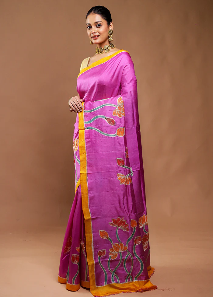 Pink Printed Pure Silk Saree Without Blouse Piece - Image 4