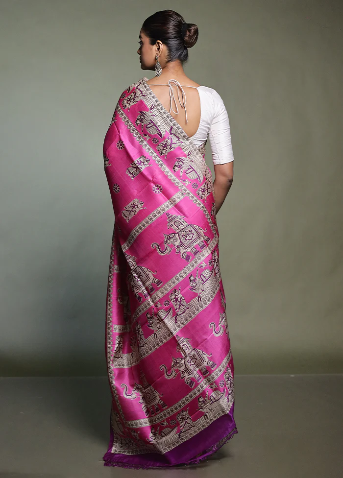 Pink Printed Pure Silk Saree Without Blouse Piece - Image 3