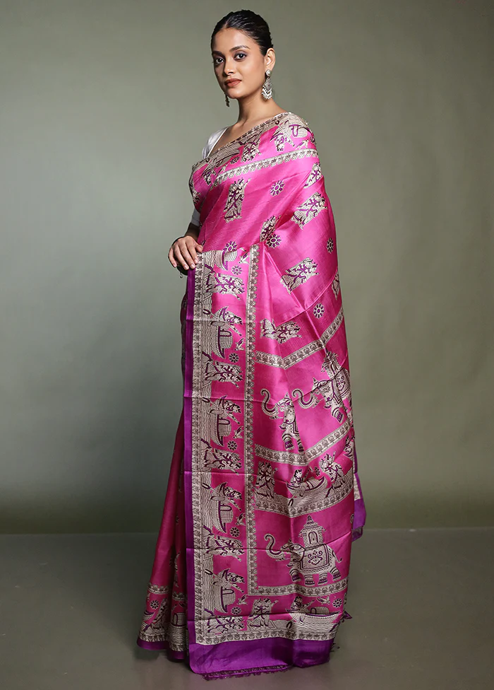 Pink Printed Pure Silk Saree Without Blouse Piece - Image 4