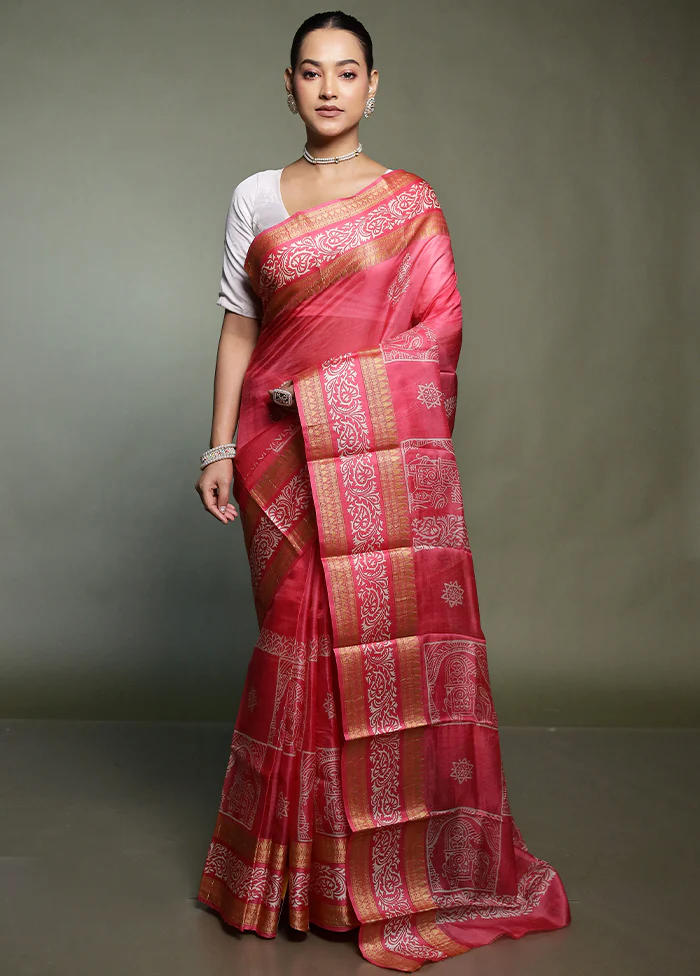 Pink Printed Silk Saree Without Blouse Piece - Image 2