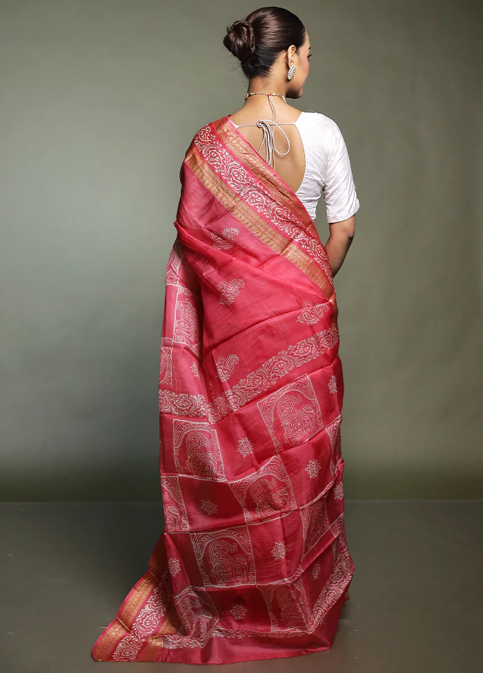 Pink Printed Silk Saree Without Blouse Piece - Image 3