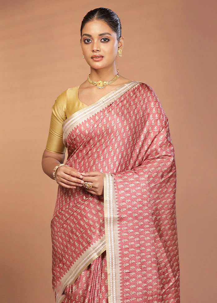 Pink Printed Pure Silk Saree Without Blouse Piece
