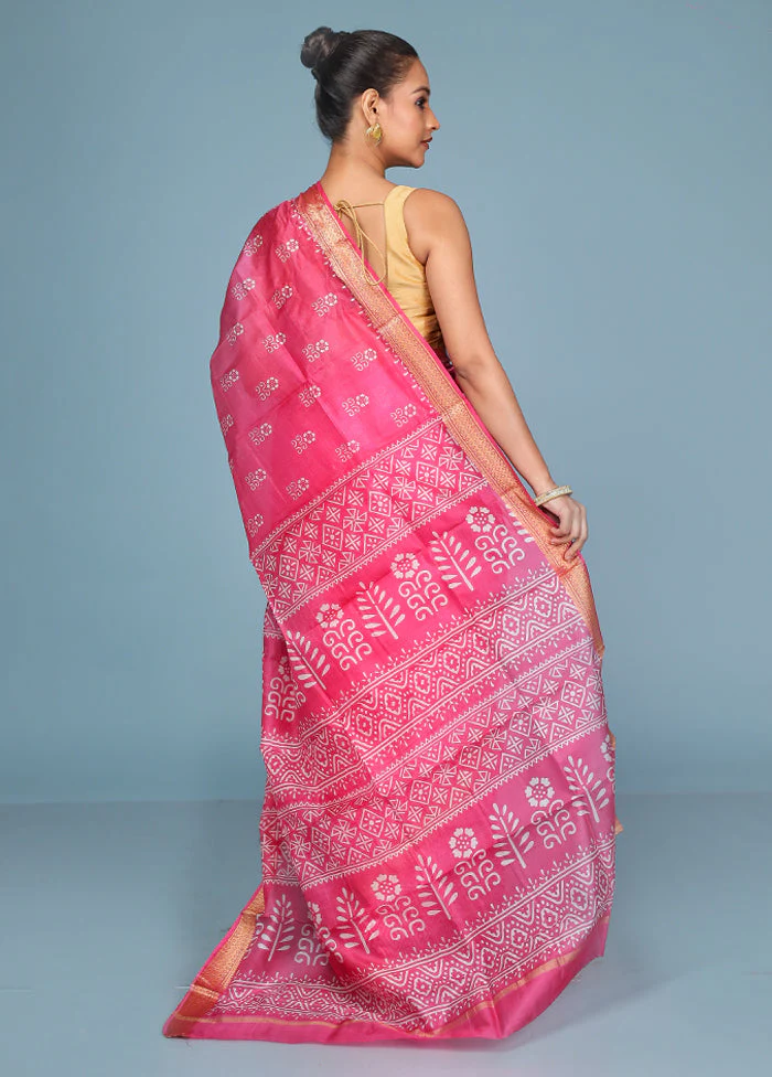 Pink Printed Pure Silk Saree Without Blouse Piece - Image 3