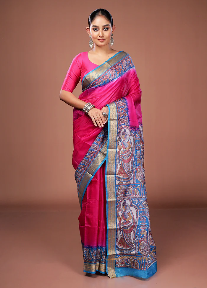 Pink Printed Pure Silk Saree Without Blouse Piece - Image 2