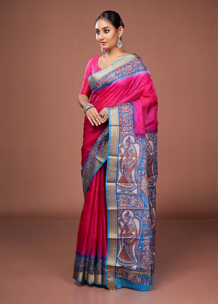 Pink Printed Pure Silk Saree Without Blouse Piece - Image 4