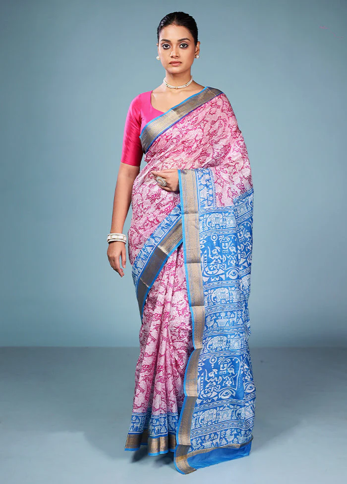 Pink Printed Pure Silk Saree Without Blouse Piece - Image 2