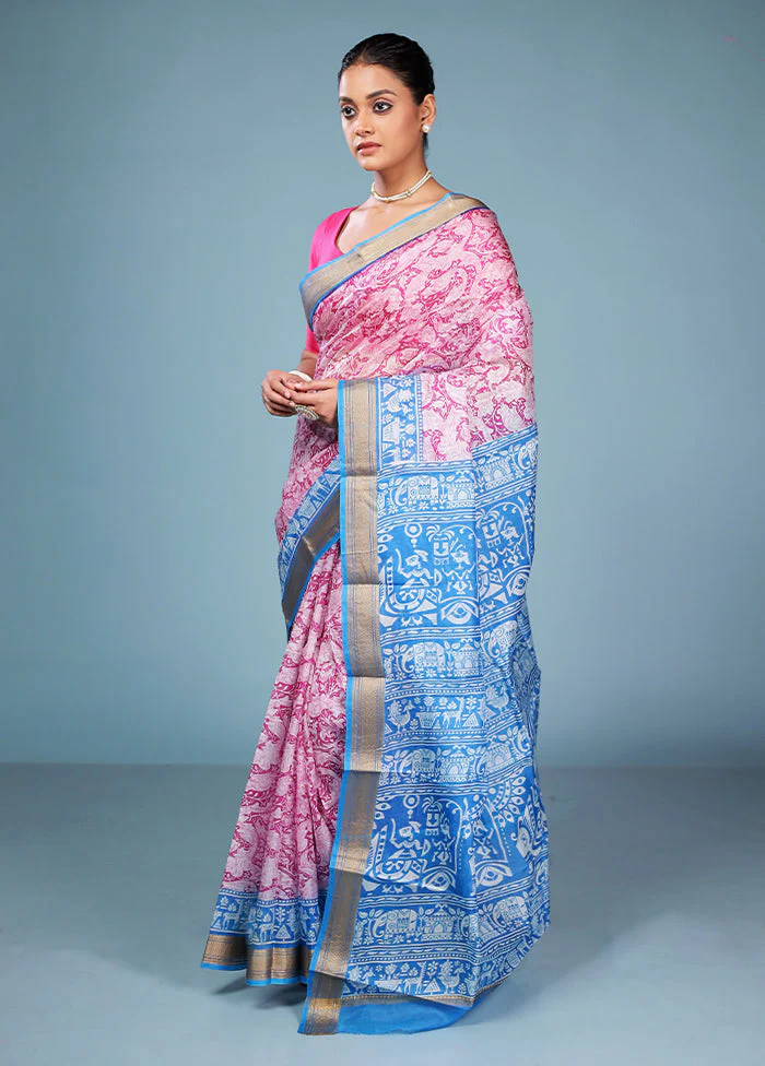 Pink Printed Pure Silk Saree Without Blouse Piece - Image 4