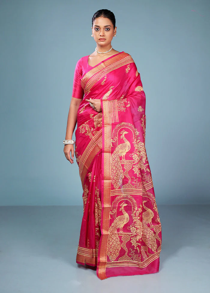 Pink Printed Pure Silk Saree Without Blouse Piece - Image 2