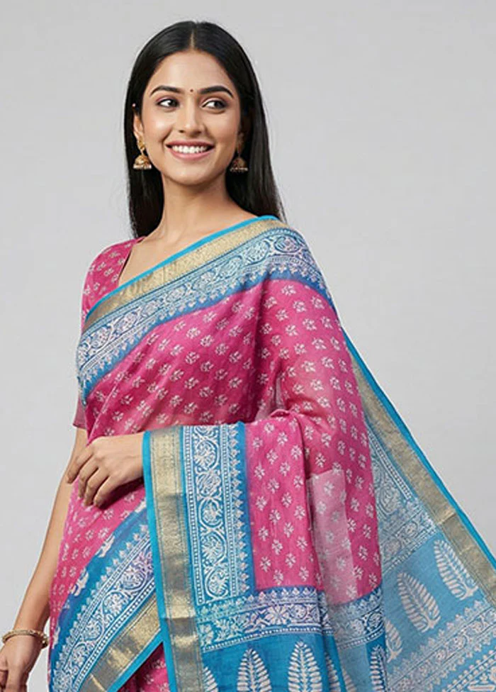 Pink Printed Silk Saree Without Blouse Piece - Image 2