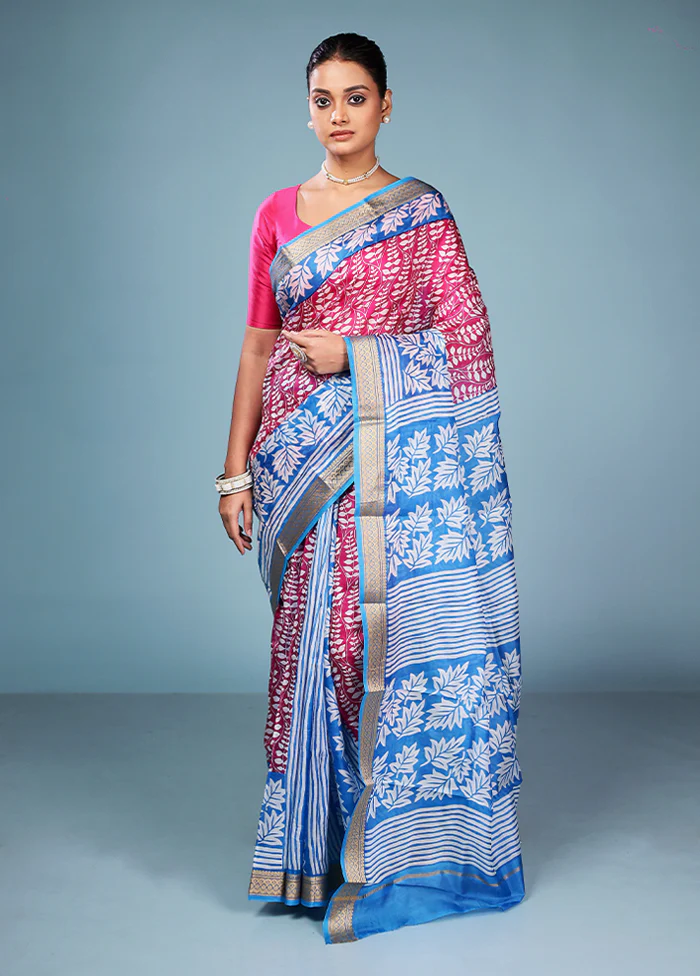 Pink Printed Pure Silk Saree Without Blouse Piece - Image 2