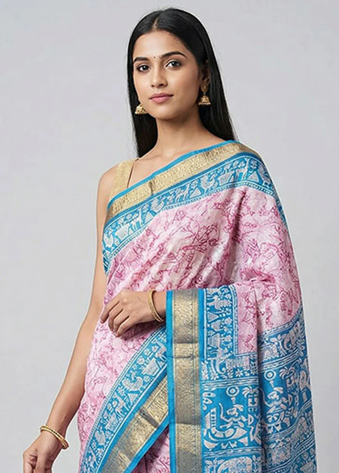 Pink Printed Pure Silk Saree Without Blouse Piece - Image 2